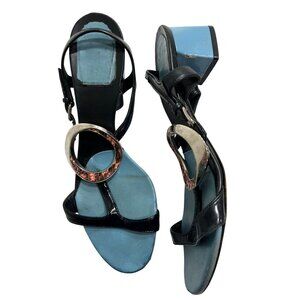 Dior Block Heel Leather Sandals with Python Medallion Detail in Blue Black